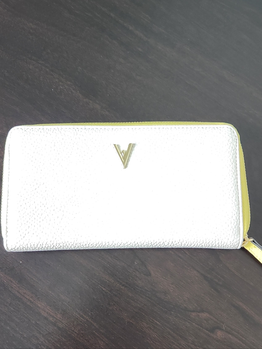 White Zip-Around Wallet with Gold V Accent